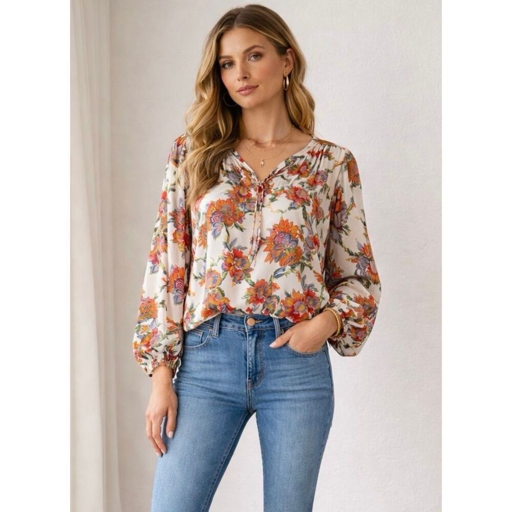 Tolani Floral Boho Blouse100% Cupro Ivory Multicolor Peasant Top Size S